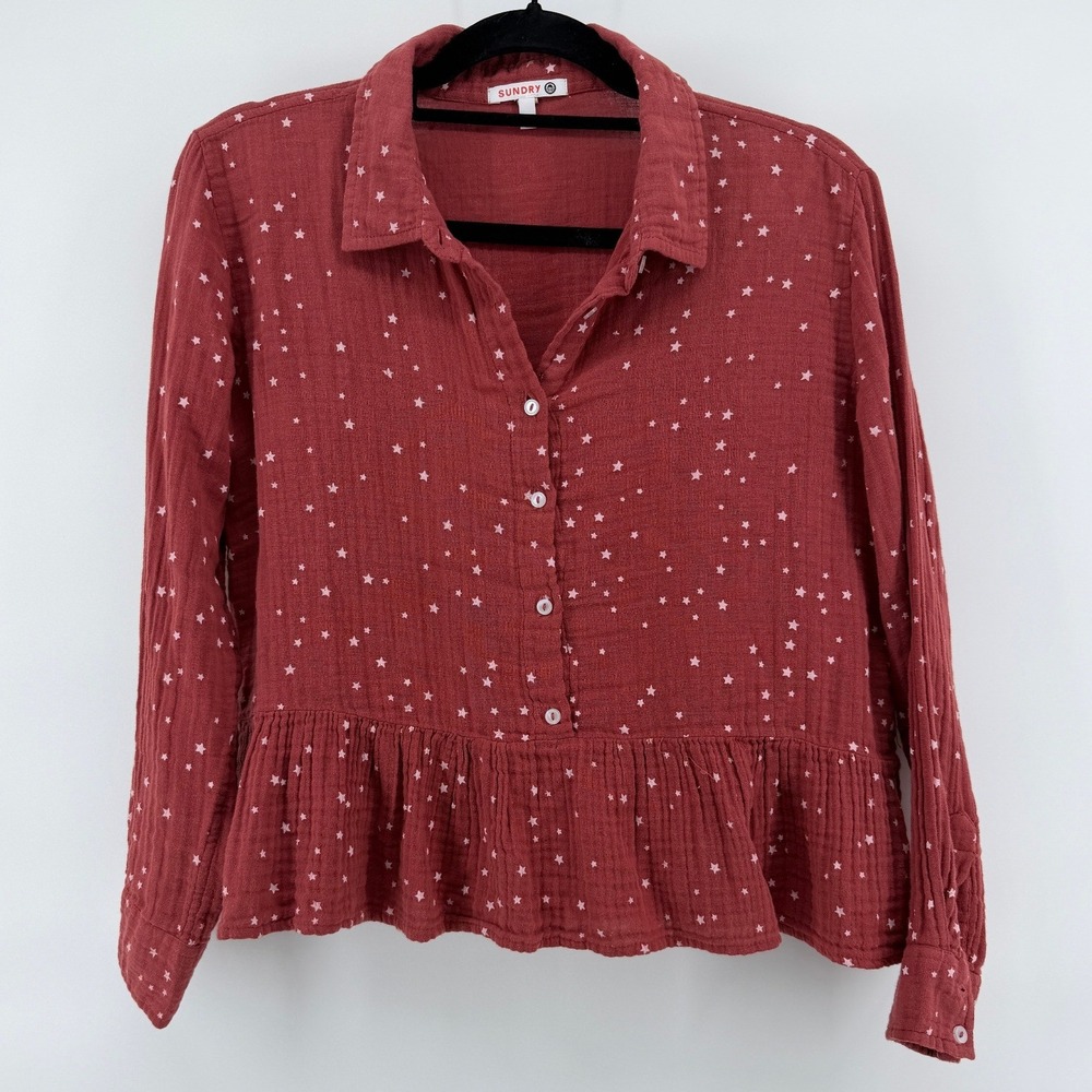 Sundry Button Down Star Print 0 Rust Red Womens Peplum Gauze Cotton Shirt Top